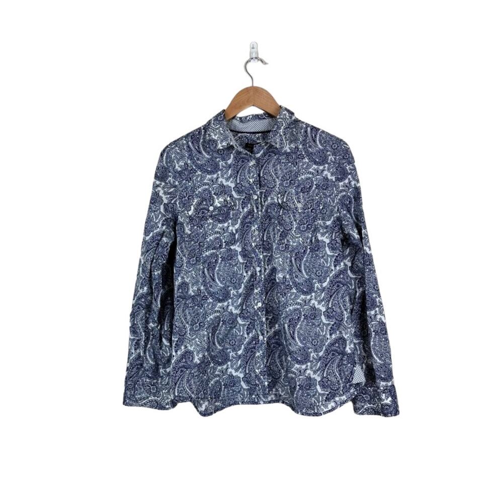 Talbots Womens Black White Paisley Button Up Sz 14 Floral Cotton Business Office